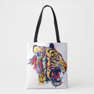 Bolsa Tote Ilustração colorida de cabeça de tigre em rugos