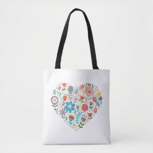Bolsa Tote Ilustração Colorida de Flores Retro Coração Bonita