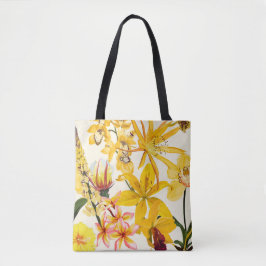 Bolsa Tote Ilustração com flores laranja e amarela.