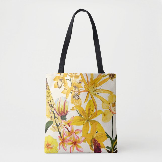 Bolsa Tote Ilustração com flores laranja e amarela. (Frente)