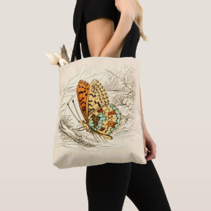 Bolsa Tote Ilustração da Borboleta Vintage, Laranja e bege