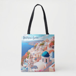 Bolsa Tote Ilustração da Ilha de Santorini   Viagem Art