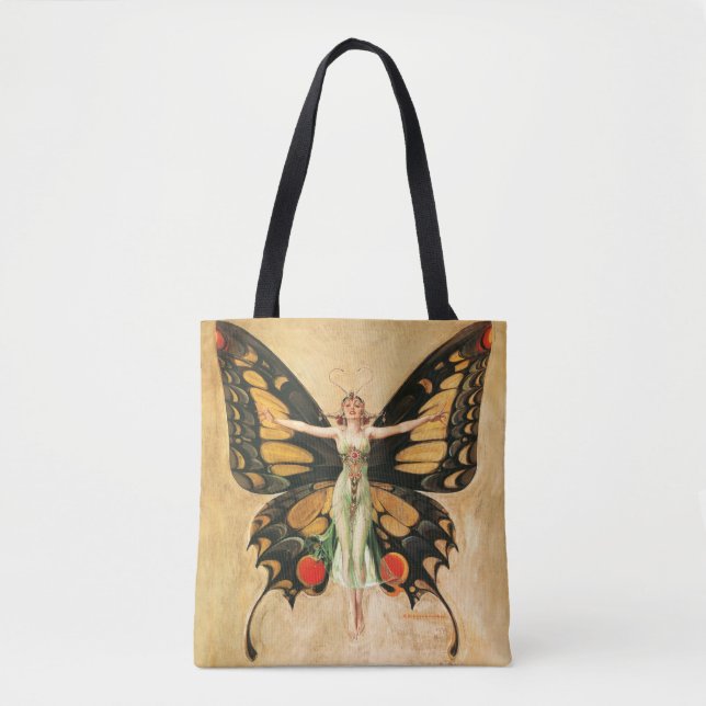 Bolsa Tote Ilustração da Mulher Voando Borboleta Flapper (Frente)