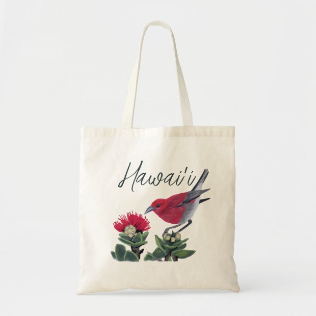 Bolsa Tote Ilustração da Natureza do Havaí com Apapane e Flor (Frente)