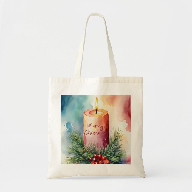 Bolsa Tote Ilustração da Vela Festiva de Natal com Aquarela (Frente)