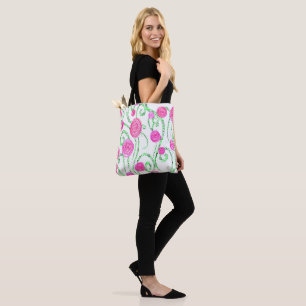 Bolsa Tote Ilustração das vidraças de flores verdes e rosa