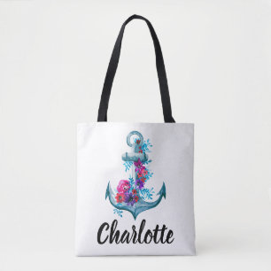 Bolsa Tote Ilustração de Âncora Floral em Aquarela Elegante