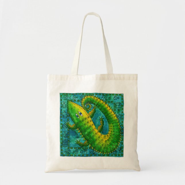 Bolsa Tote Ilustração de Aquarela Crocodilo Padrão (Frente)