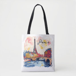 Bolsa Tote Ilustração de Aquarela Paris Eiffel Tower Viagem