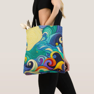 Bolsa Tote Ilustração de Arte de Linha de Ondas de Sol Colori