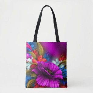 Bolsa Tote Ilustração de Arte Digital Floral Neon Vibrante