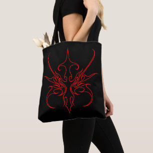 Bolsa Tote Ilustração de Arte Linear Tribal Preta e Vermelha
