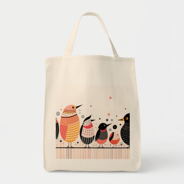 Bolsa Tote Ilustração de aves com pontos e faixas (Frente)