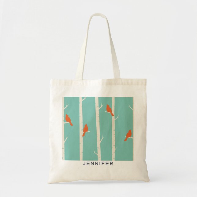 Bolsa Tote Ilustração de Aves Laranja Retroativas em Árvores  (Frente)