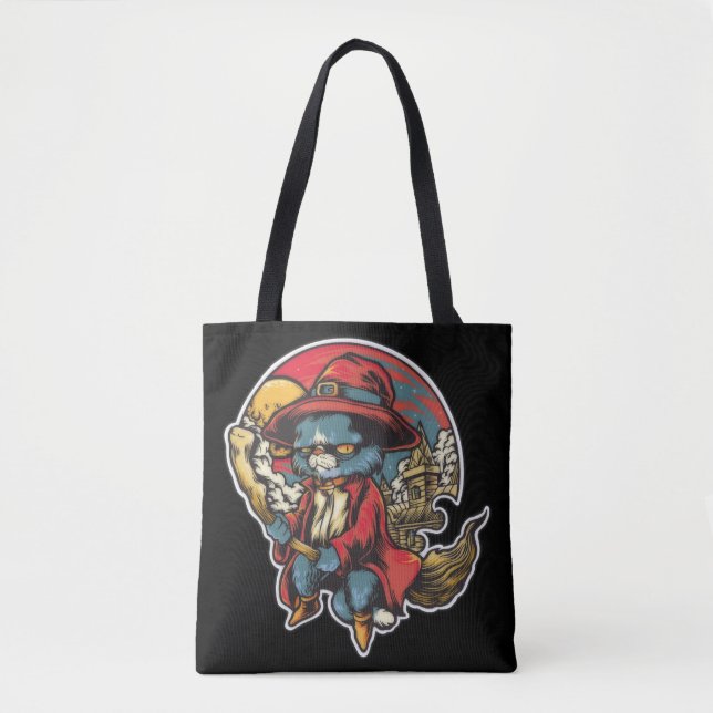 Bolsa Tote Ilustração de Bruxa de Gato-Gato Voador (Frente)