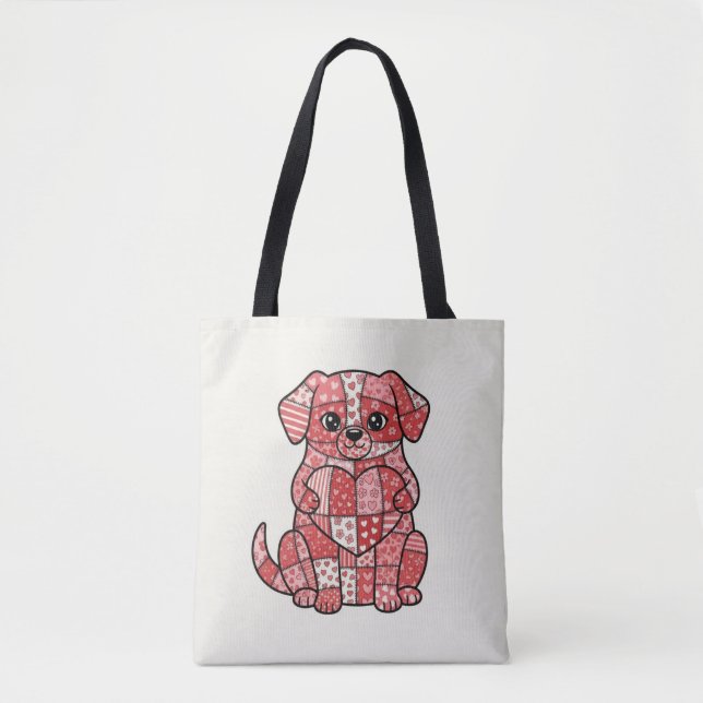 Bolsa Tote Ilustração de Cachorro Fofinho de Patchwork com Co (Frente)