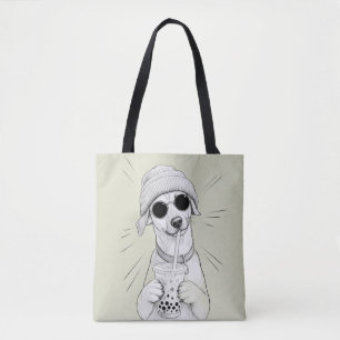 Bolsa Tote Ilustração de Chá de Boba de Cachorro Kawaii