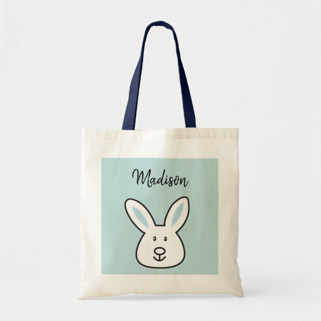 Bolsa Tote Ilustração de Coelho da Páscoa Azul Pastel (Frente)