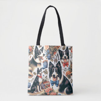 Bolsa Tote Ilustração de Collie de Borda de Vintagem de Corte