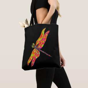 Bolsa Tote Ilustração de coloração aquosa de néon da Dragonfl