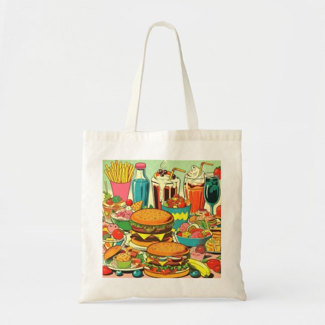Bolsa Tote Ilustração de Cômico de Comida Retro (Frente)