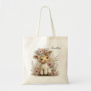 Bolsa Tote Ilustração de Cordeiro de Primavera Fofo com Flore