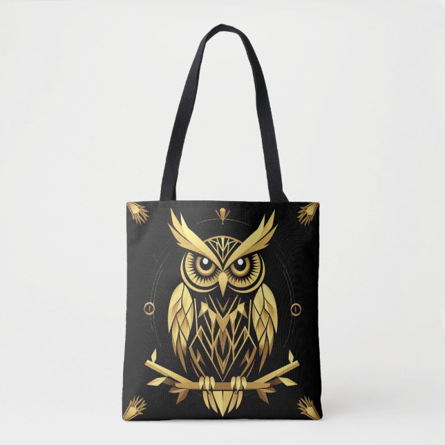Bolsa Tote Ilustração de Coruja Geométrica Dourada (Frente)