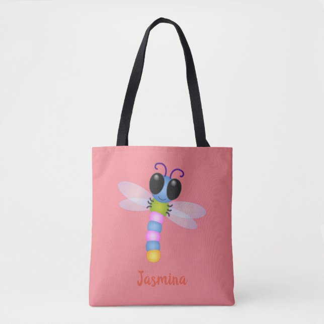 Bolsa Tote Ilustração de desenho animado de libélula, azul e  (Frente)