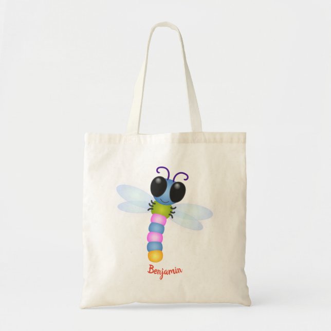 Bolsa Tote Ilustração de desenho animado de libélula, azul e  (Frente)