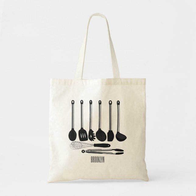 Bolsa Tote Ilustração de desenho animado de utensílios de coz (Frente)