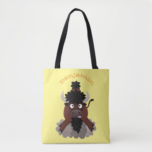 Bolsa Tote Ilustração de desenho animado engraçado de búfalo  (Frente)