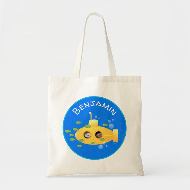 Bolsa Tote Ilustração de desenho animado submarino amarelo (Frente)