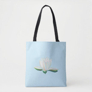 Bolsa Tote Ilustração de Flor de Lótus Branco Azul Claro