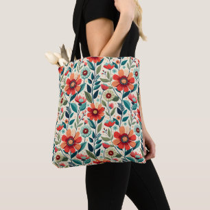 Bolsa Tote Ilustração de Flores Selvagens Azuis de Pêssego ch