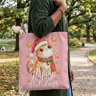 Bolsa Tote Ilustração de Gato de Natal Fofo com Charme Festiv
