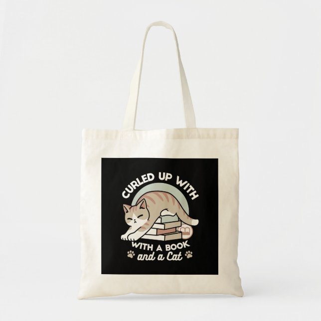 Bolsa Tote Ilustração de Gato do Livro ao Longo - Enrolada e  (Frente)