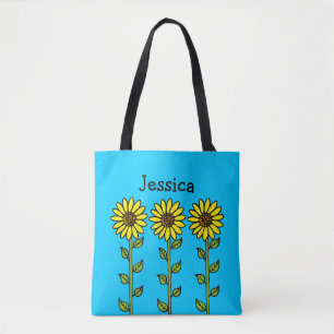 Bolsa Tote Ilustração de Girassóis Fofos com Nome Personaliza