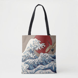 Bolsa Tote Ilustração de grua e onda japonesa tradicional C
