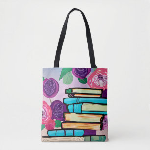 Bolsa Tote Ilustração de Livros e Flores Arte Digital