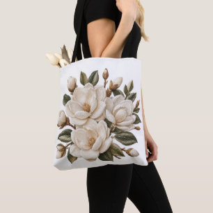 Bolsa Tote Ilustração de Magnólia Branca Bordada em Falso 3D
