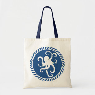 Bolsa Tote Ilustração De Octopus Azul-marinho E Branco Cute