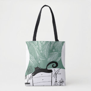 Bolsa Tote Ilustração de Plantas Tropicais Gato Preto na Selv