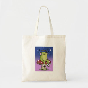 Bolsa Tote Ilustração de Rã Fofa Ouvindo Música em Cogumelo