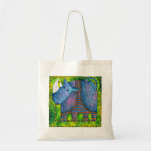 Bolsa Tote Ilustração de Rinoceronte com Padrões em Aquarela