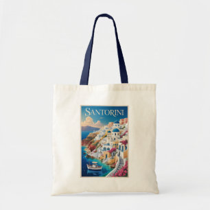 Bolsa Tote Ilustração de Santorini Grécia Arte de Viagem Vint