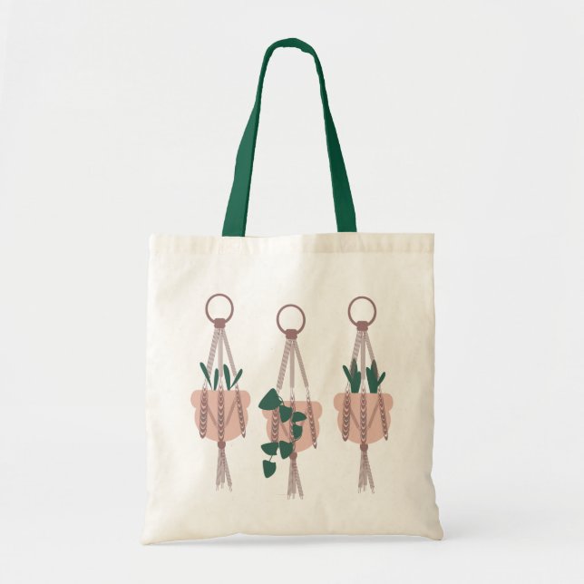 Bolsa Tote Ilustração de Suporte de Macramê de Plantas Tropic (Frente)