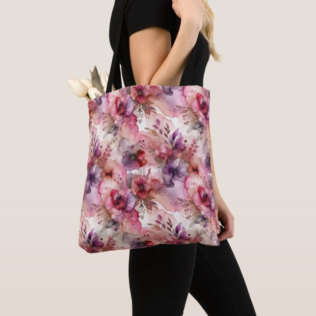 Bolsa Tote Ilustração de Tinta Álcool das Flores Rosa e Roxo (Close Up)