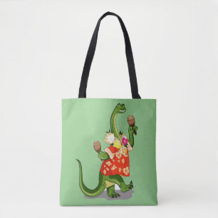 Bolsa Tote Ilustração De Um Brontossauro Jogando Maracas.