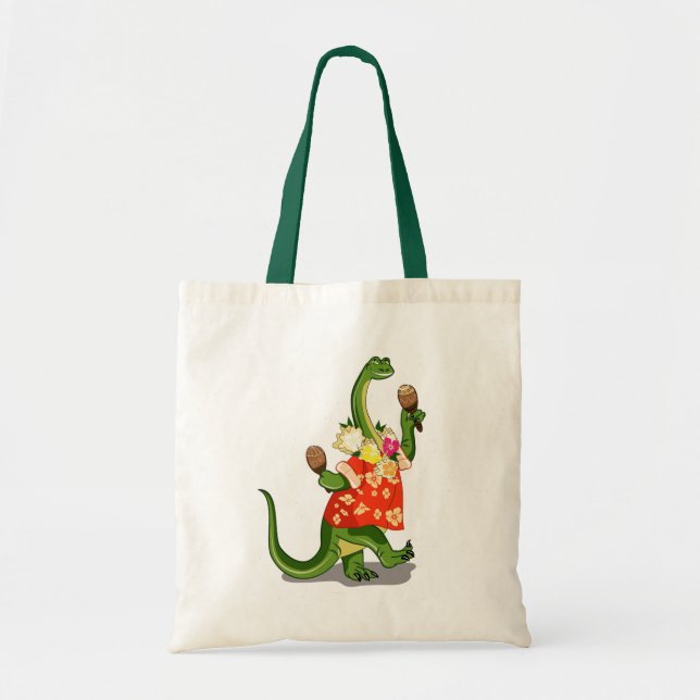 Bolsa Tote Ilustração De Um Brontossauro Jogando Maracas. (Frente)
