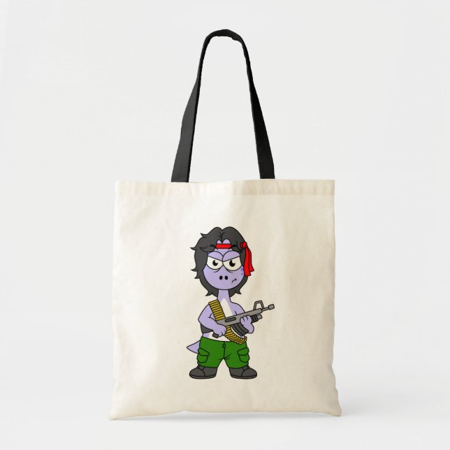 Bolsa Tote Ilustração De Um Brontossauro Vestido Como Rambo. (Frente)